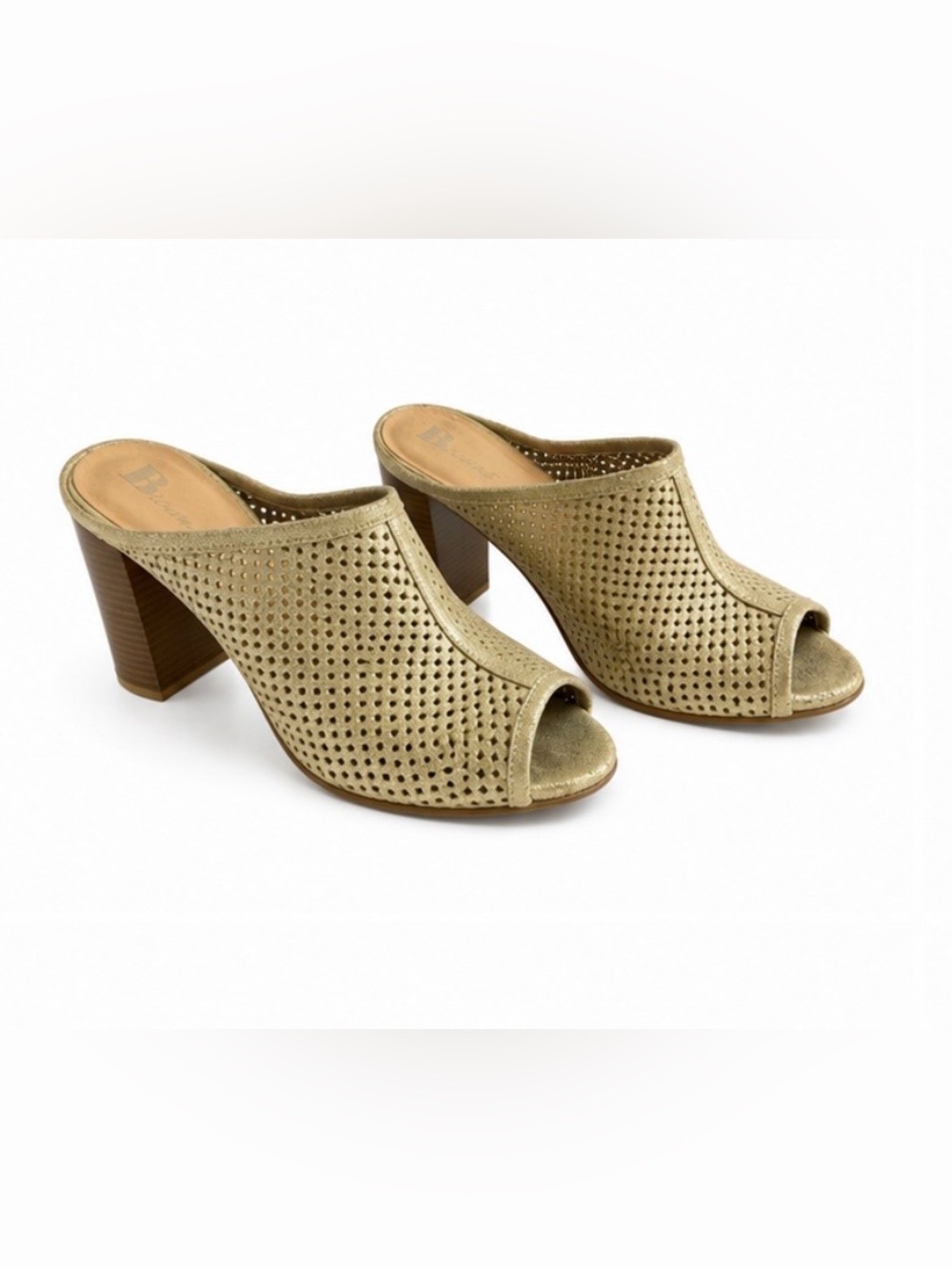 Browns Gold Metallic Perforated Block Heel Mules EU 41  10/10.5